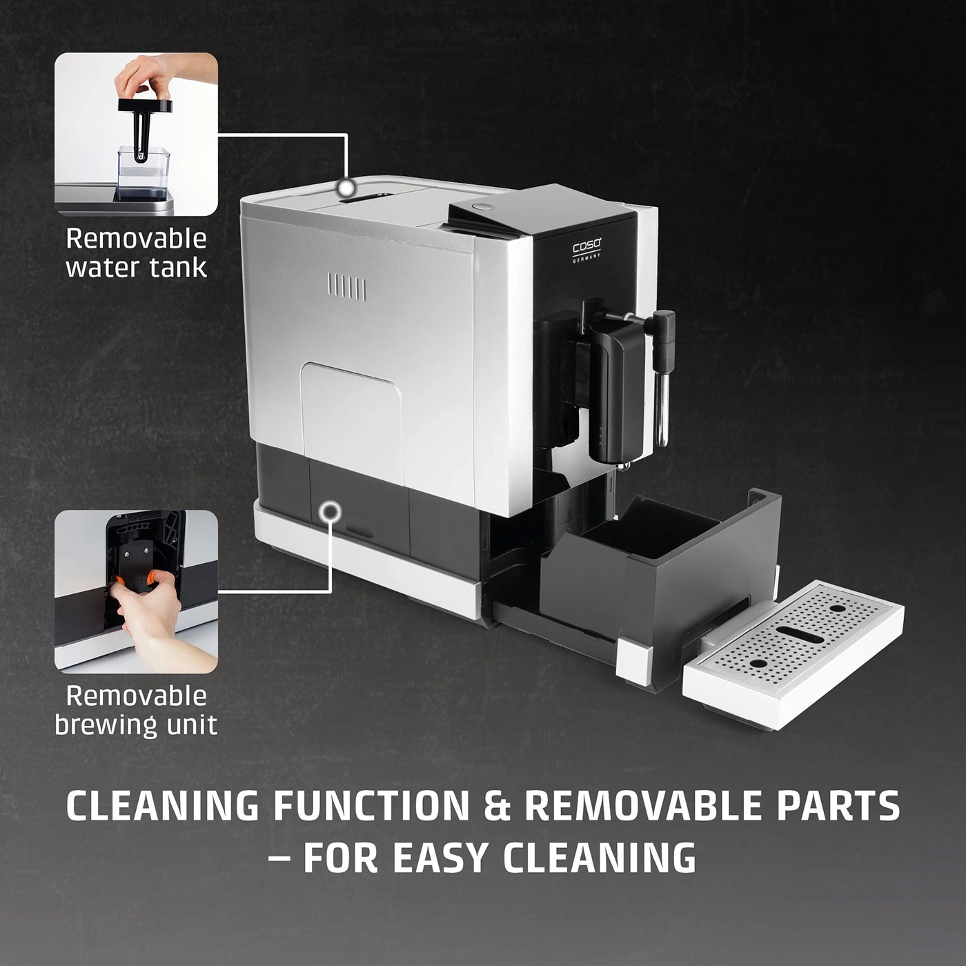 Coffee machine with removable water tank and brewing unit for easy cleaning.