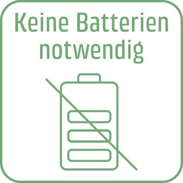 Keine Batterien notwendig, grünes Schild mit Batterie-Symbol durchgestrichen