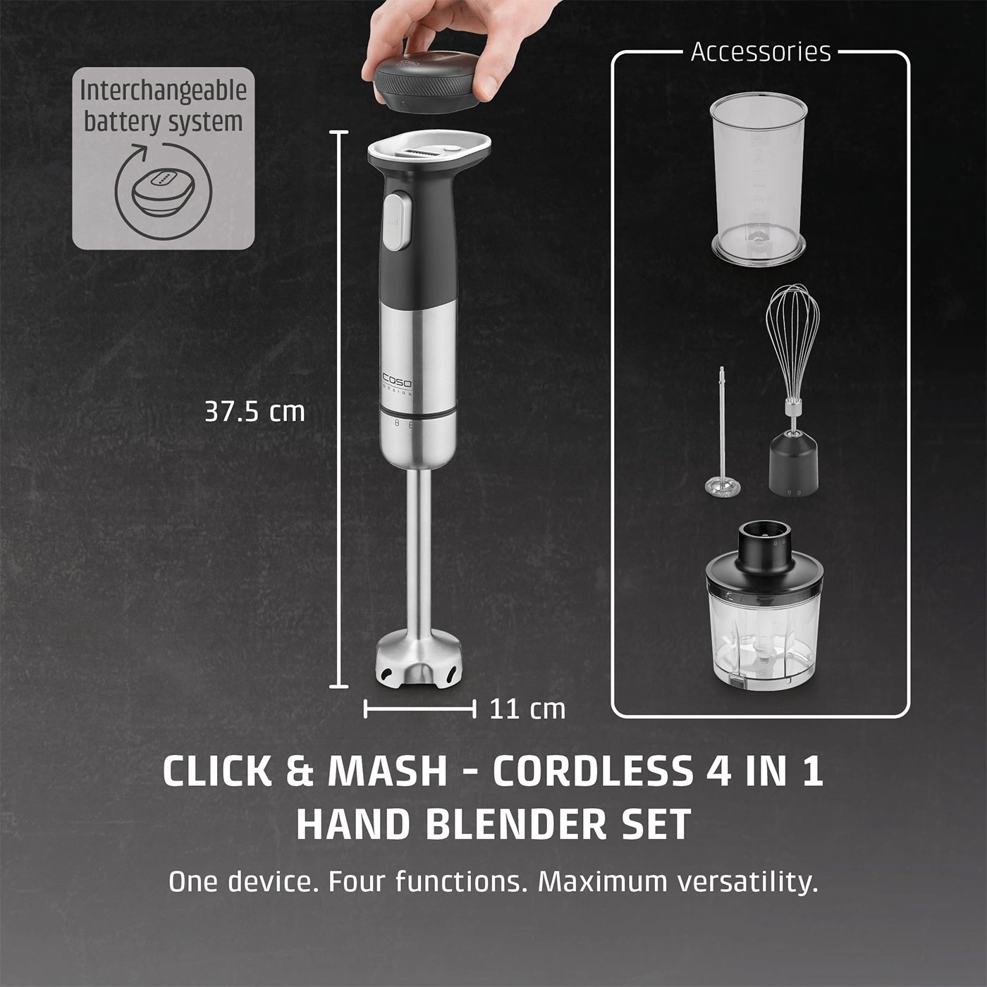 Cordless hand blender set with accessories and dimensions