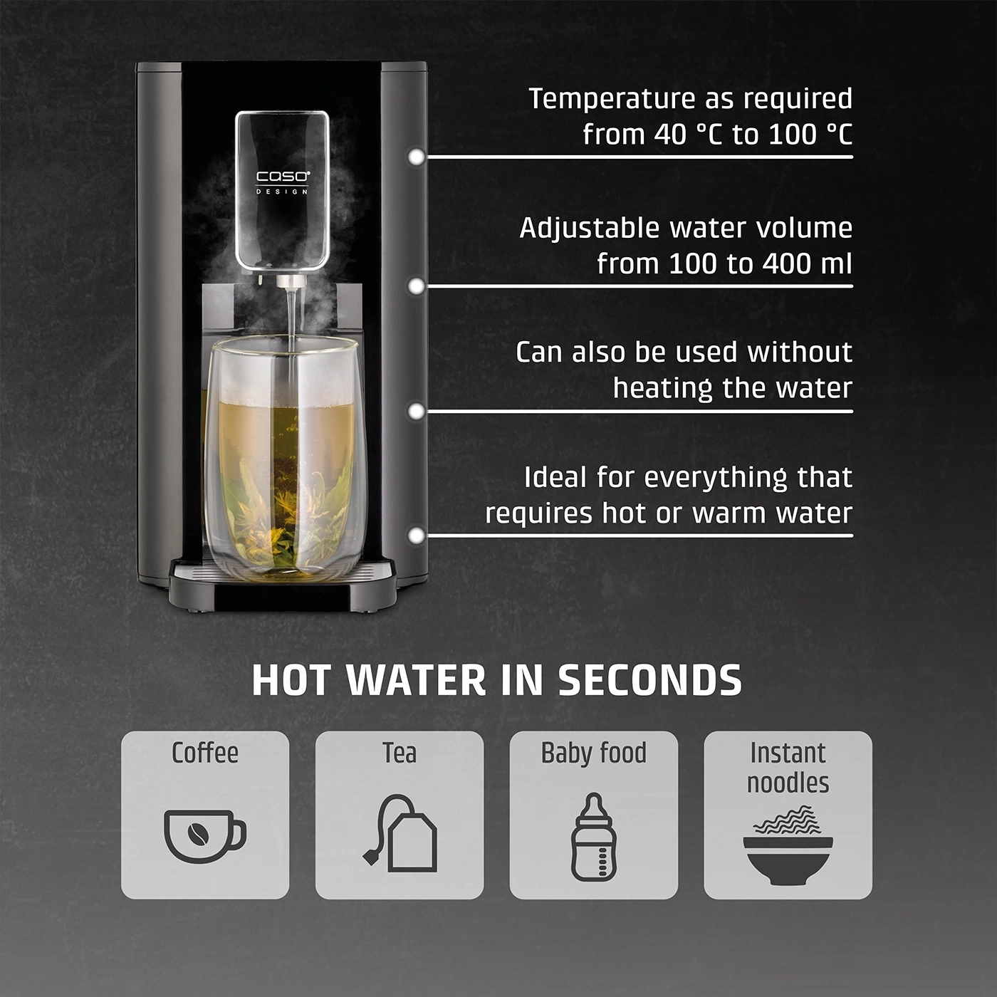 Hot water dispenser with features for coffee, tea, baby food, and instant noodles.
