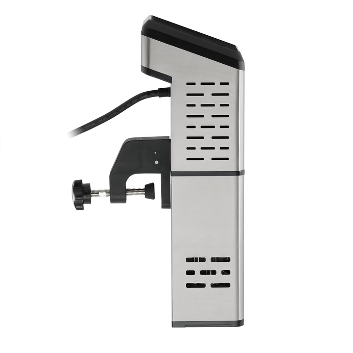 Sous vide cooker with clamp and power cord, stainless steel design, for precise cooking.