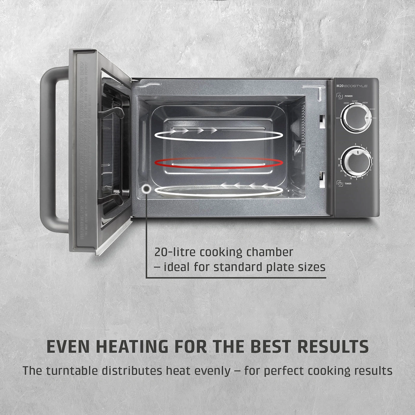 A microwave oven with an open compartment and controls, promising even heating.