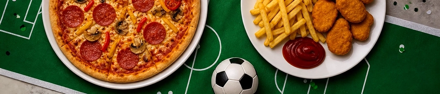 Pizza and chicken nuggets with fries on a soccer field tablecloth with a ball.