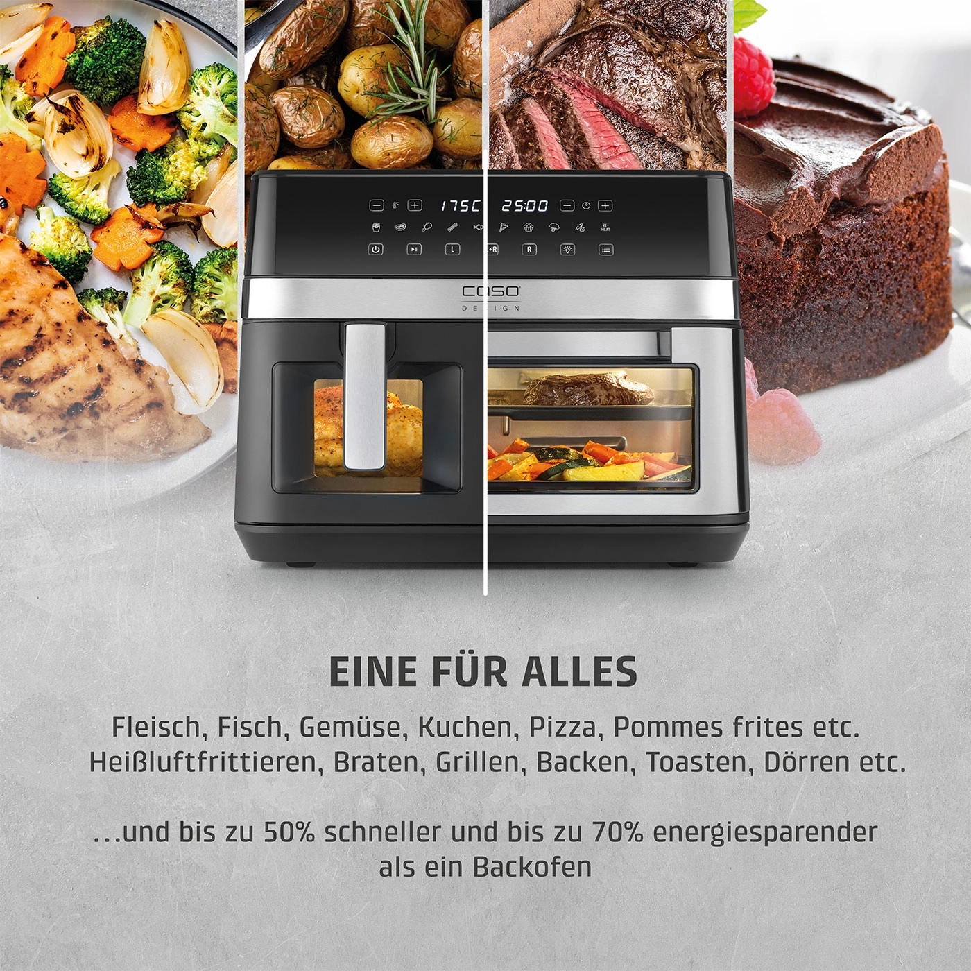 Luftfritteuse mit Essen: Fleisch, Gemüse, Kuchen, Pizza. Schneller und energiesparender.