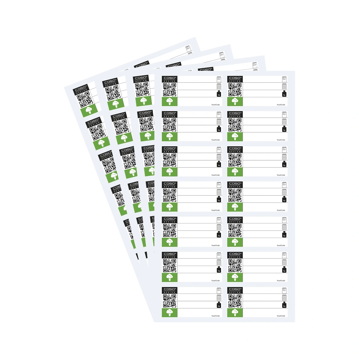 Etiketten mit QR-Codes und Textfeldern für Lebensmittelkennzeichnung, COSO Design.
