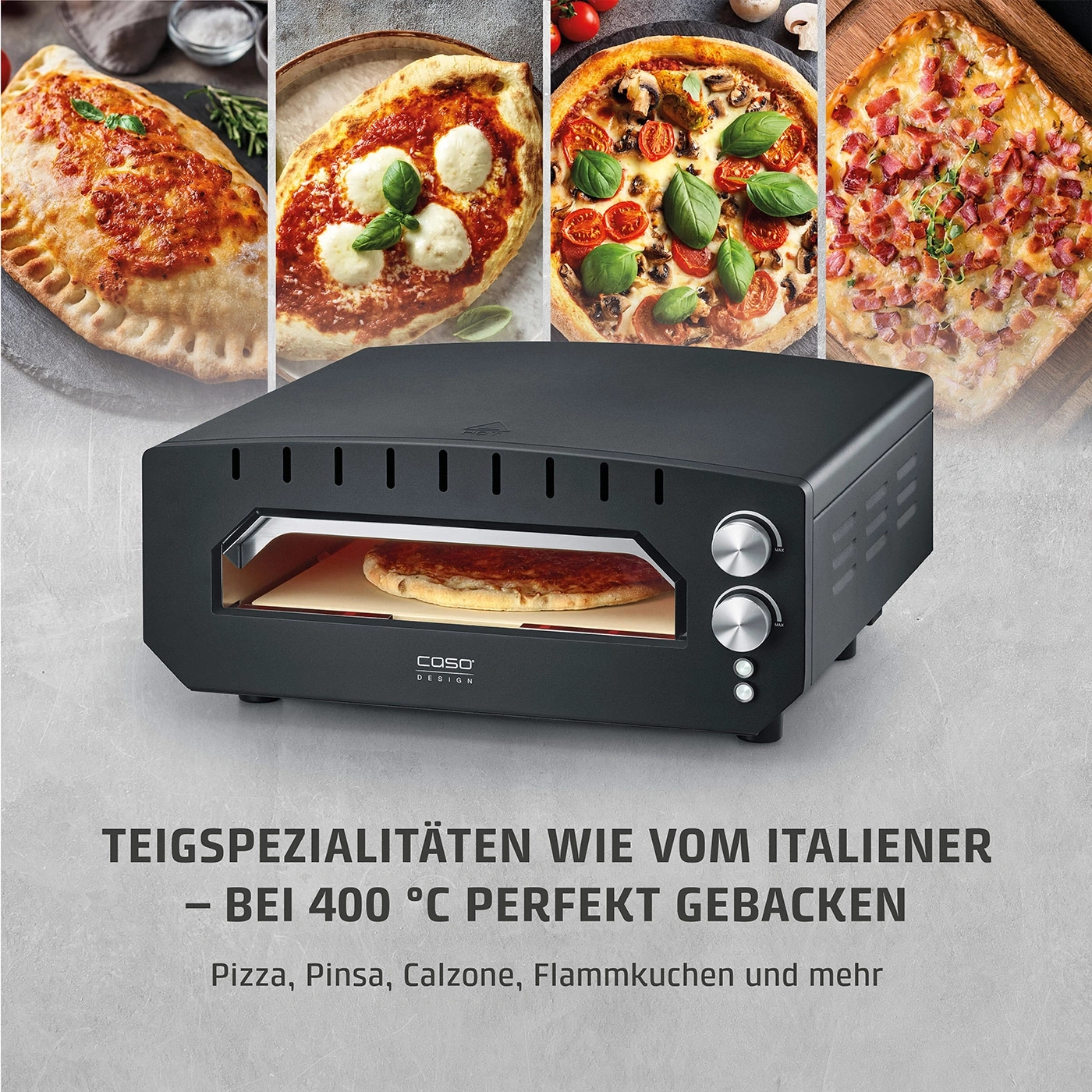 Ein Pizzaofen mit vier verschiedenen Pizzasorten und Text.