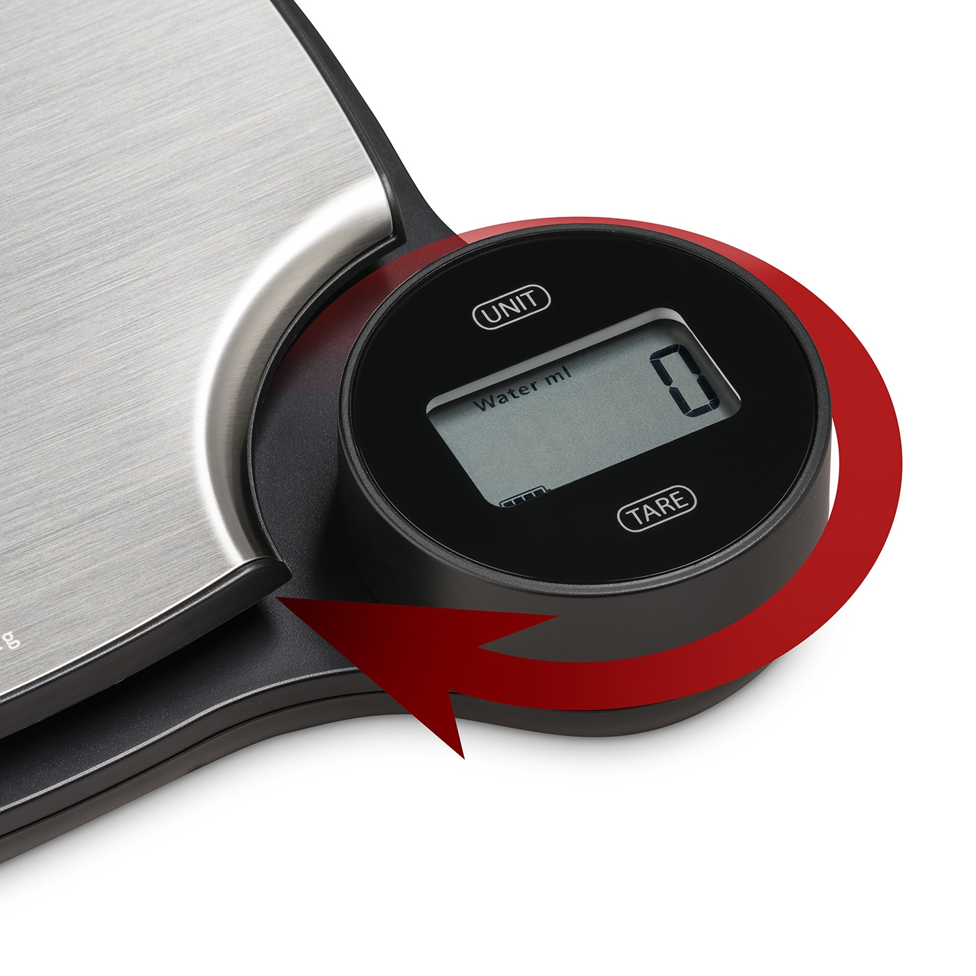 Kitchen scale with digital display and red arrow indicating the function.