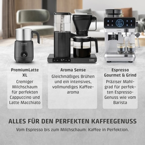 Drei Caso Kaffeemaschinen für perfekten Kaffeegenuss: ein Milchaufschäumer, eine Filterkaffeemaschine und eine Espressomaschine.