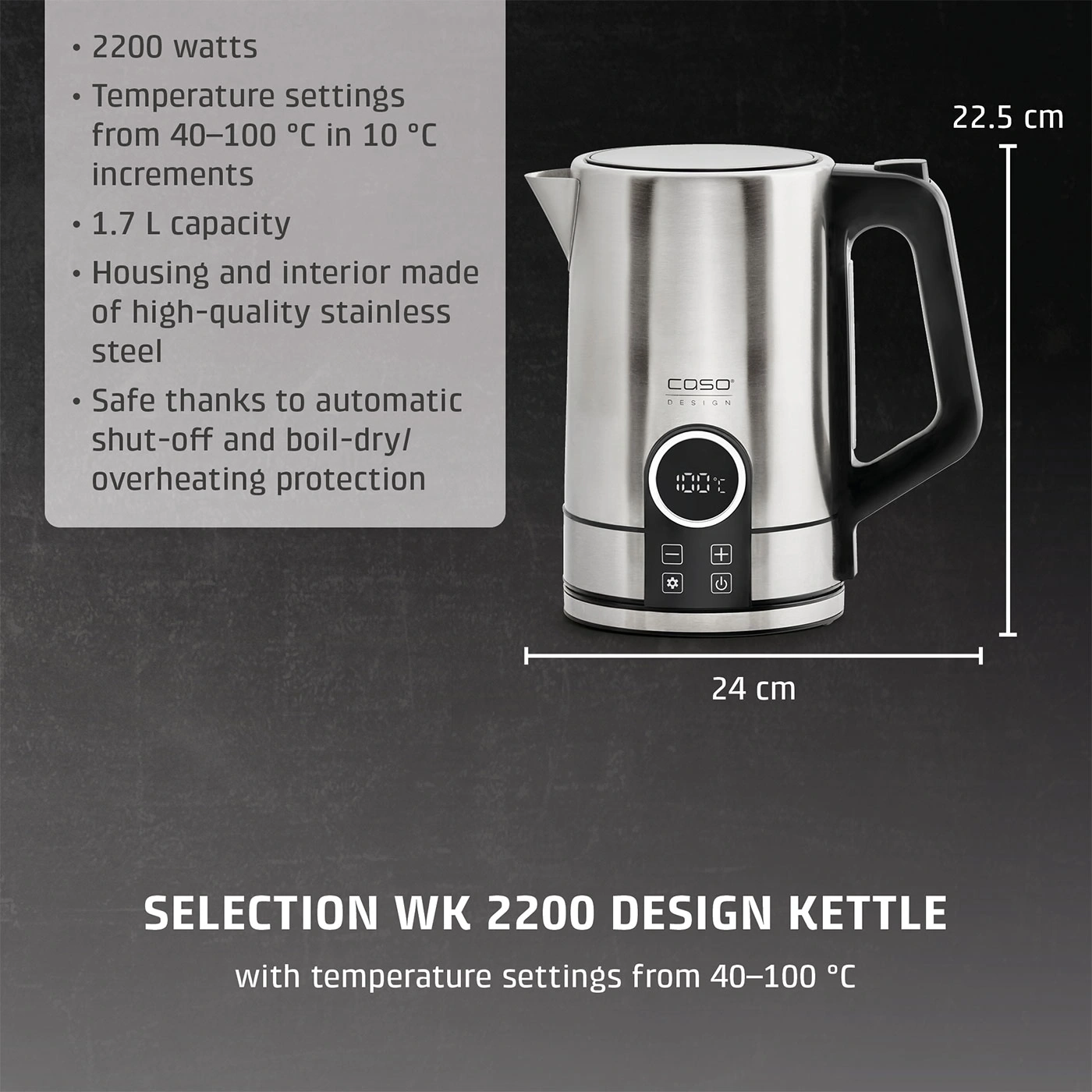 A stylish stainless steel kettle with a digital temperature display and controls, next to a list of product features like wattage, capacity, and safety functions.
