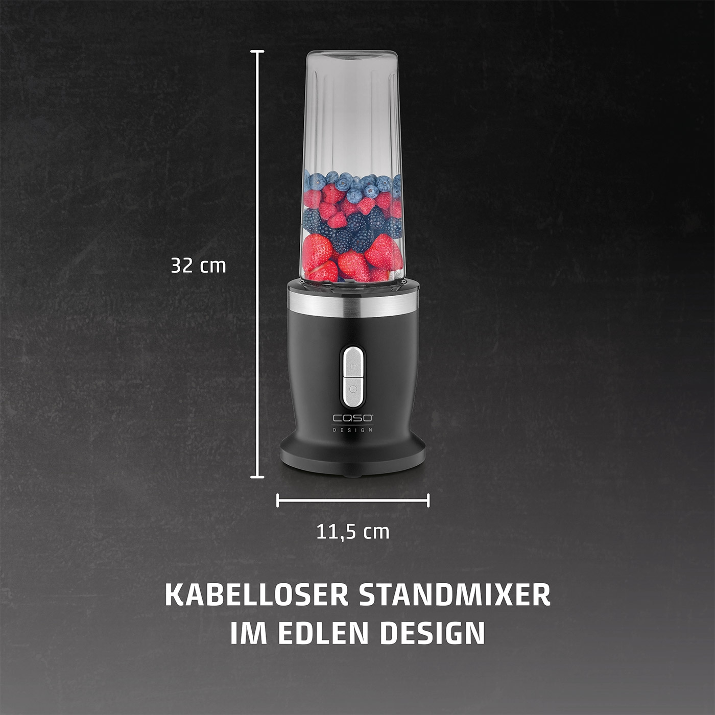 Cordless stand mixer, 32 cm high, 11.5 cm wide, filled with berries, elegant design