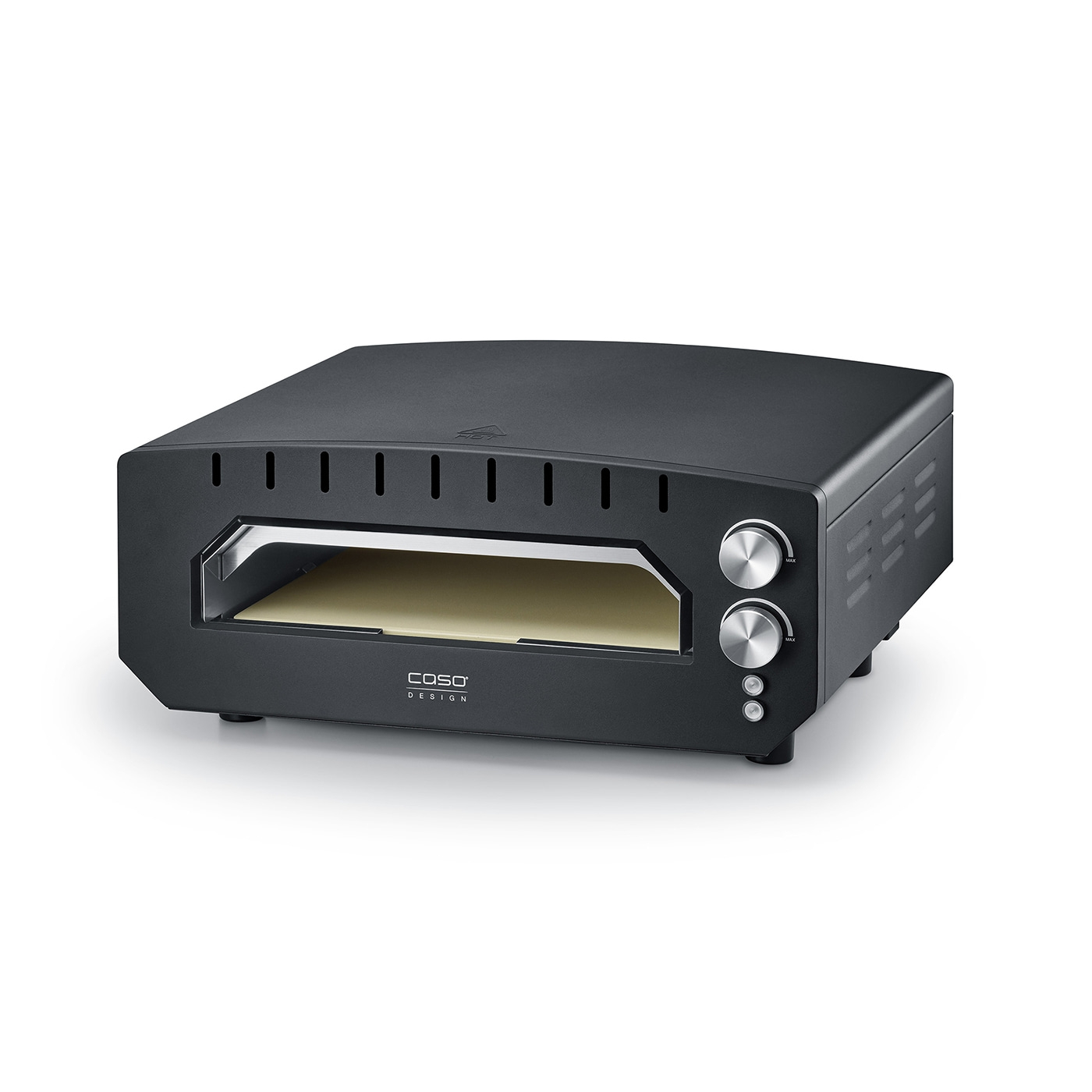 Black pizza oven with knobs and Caso Design logo on a white background.