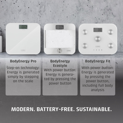 Three white bathroom scales with digital displays and product names below