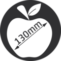 Apple symbol with 130mm measurement inside a dark circle on a black background.