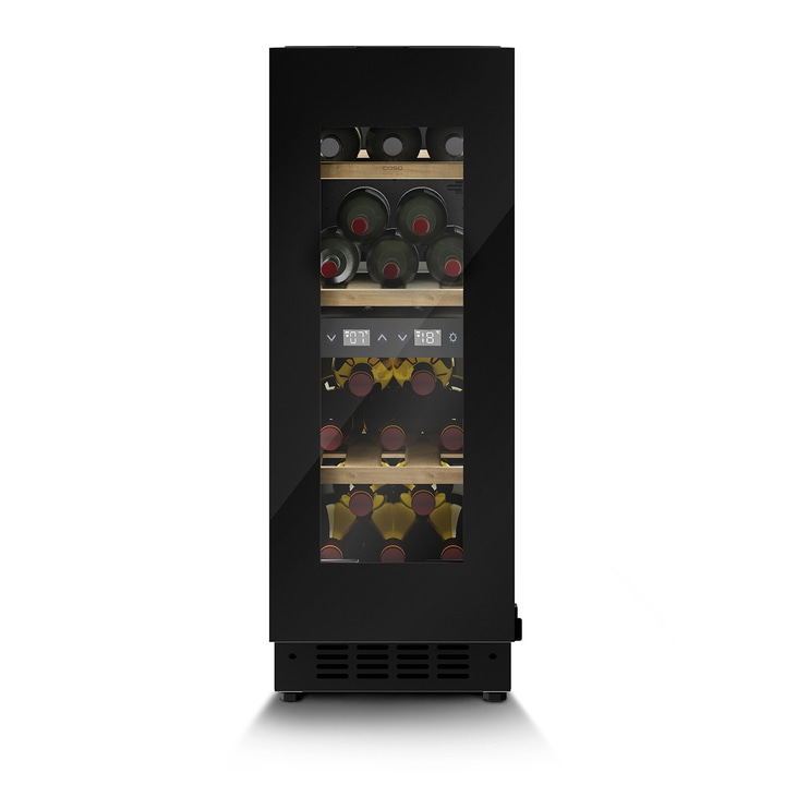 Black wine cooler with glass front and wine bottles inside the fridge.