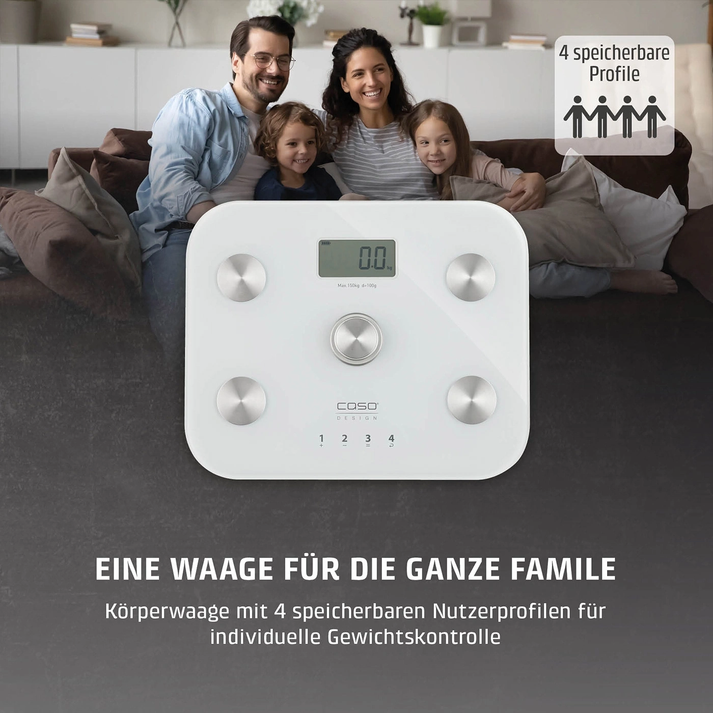 Eine weiße Waage mit einer Familie im Hintergrund und Text auf Deutsch.