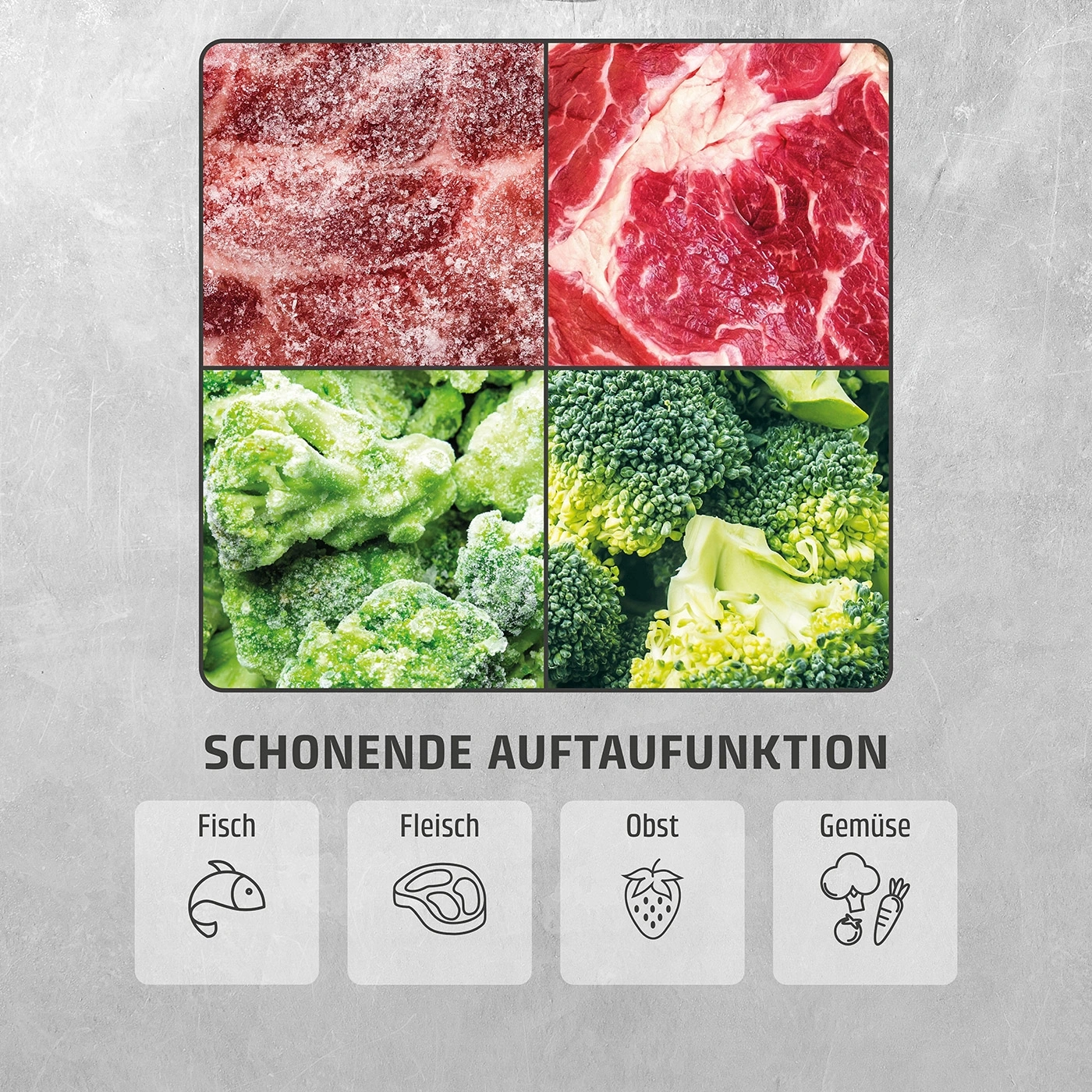 Gefrorenes Essen: Fleisch, Fisch, Obst und Gemüse. Auftaufunktion.