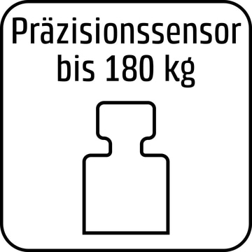 Symbol für Präzisionssensor mit Text 'Präzisionssensor bis 180 kg' und stilisierte Gewichtsskulptur