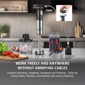 Hand blender with accessories and text: Work freely and everywhere without annoying cables.