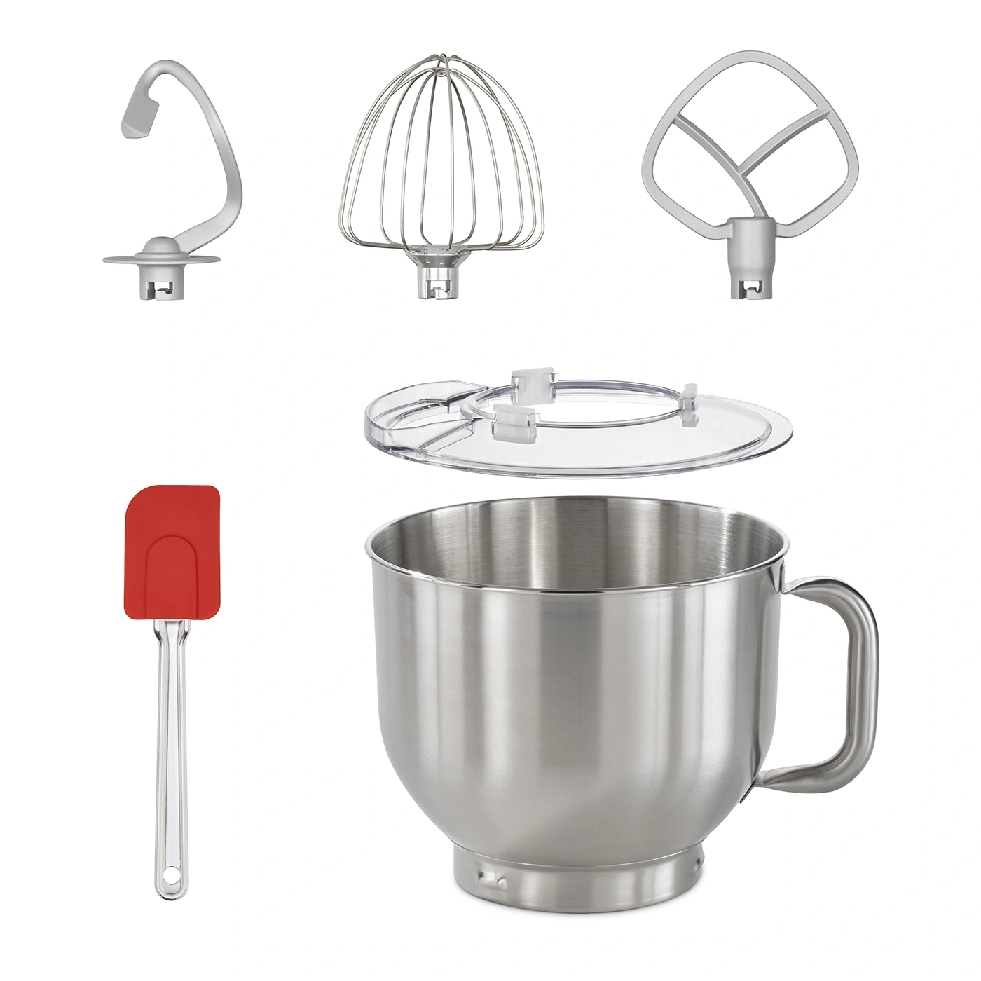 Küchenmaschine mit Zubehör: Knethaken, Schneebesen, Flachrührer, Schüssel, Spritzschutz und Spatel.
