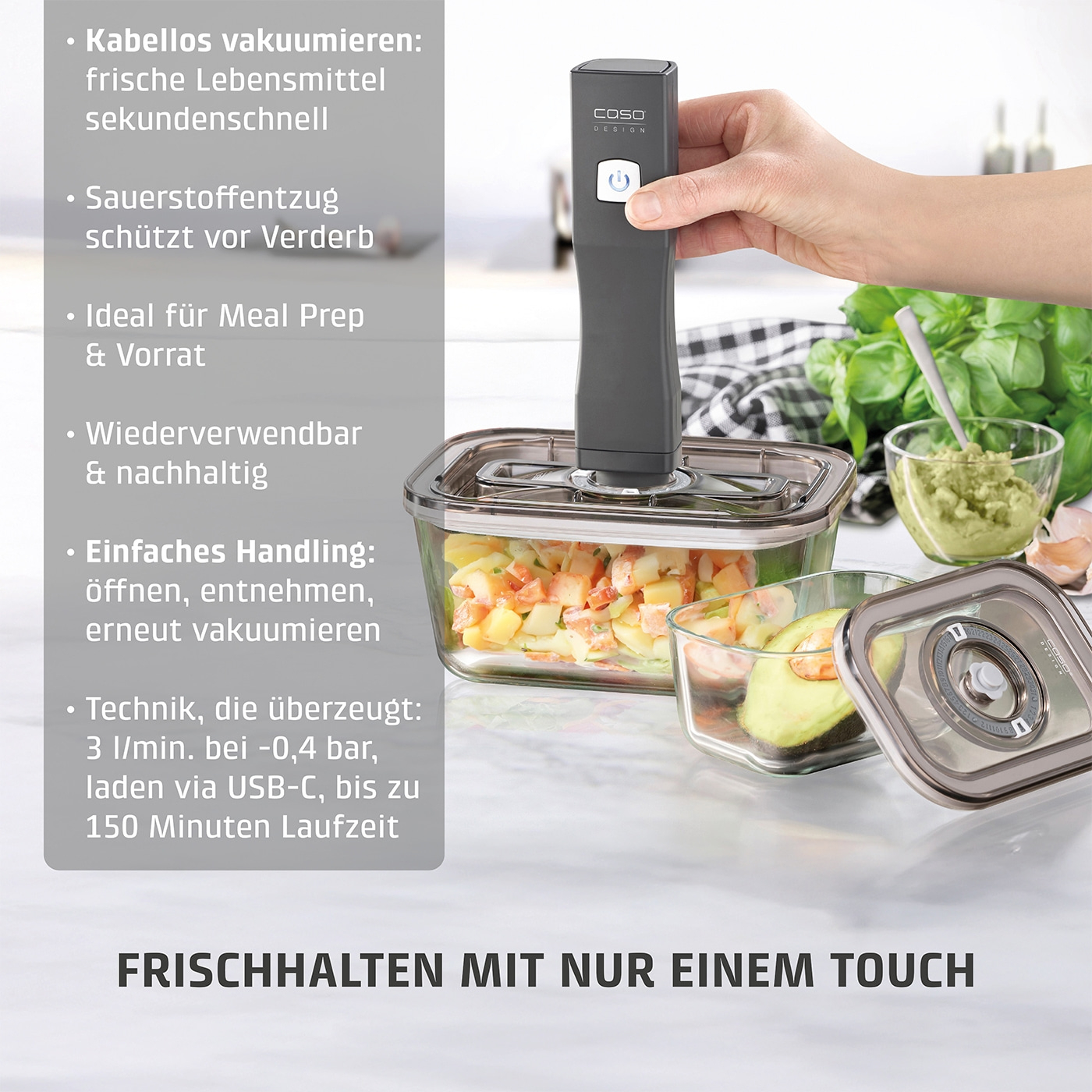 Vacuum sealer with containers for fresh food, meal prep, and storage.