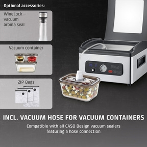Vacuum sealer with accessories: vacuum container, zip bags, wine bottle, vacuum hose.