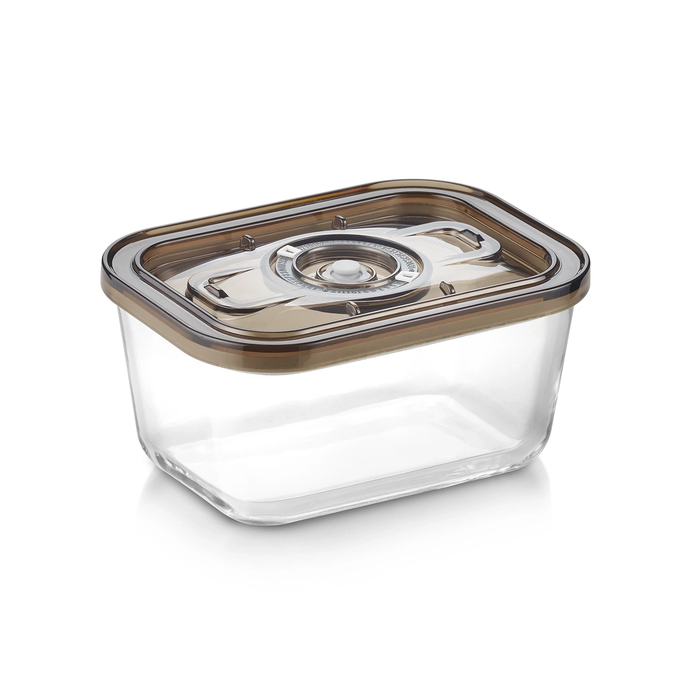 Transparent rectangular storage box with brown lid and locking mechanism, isolated.