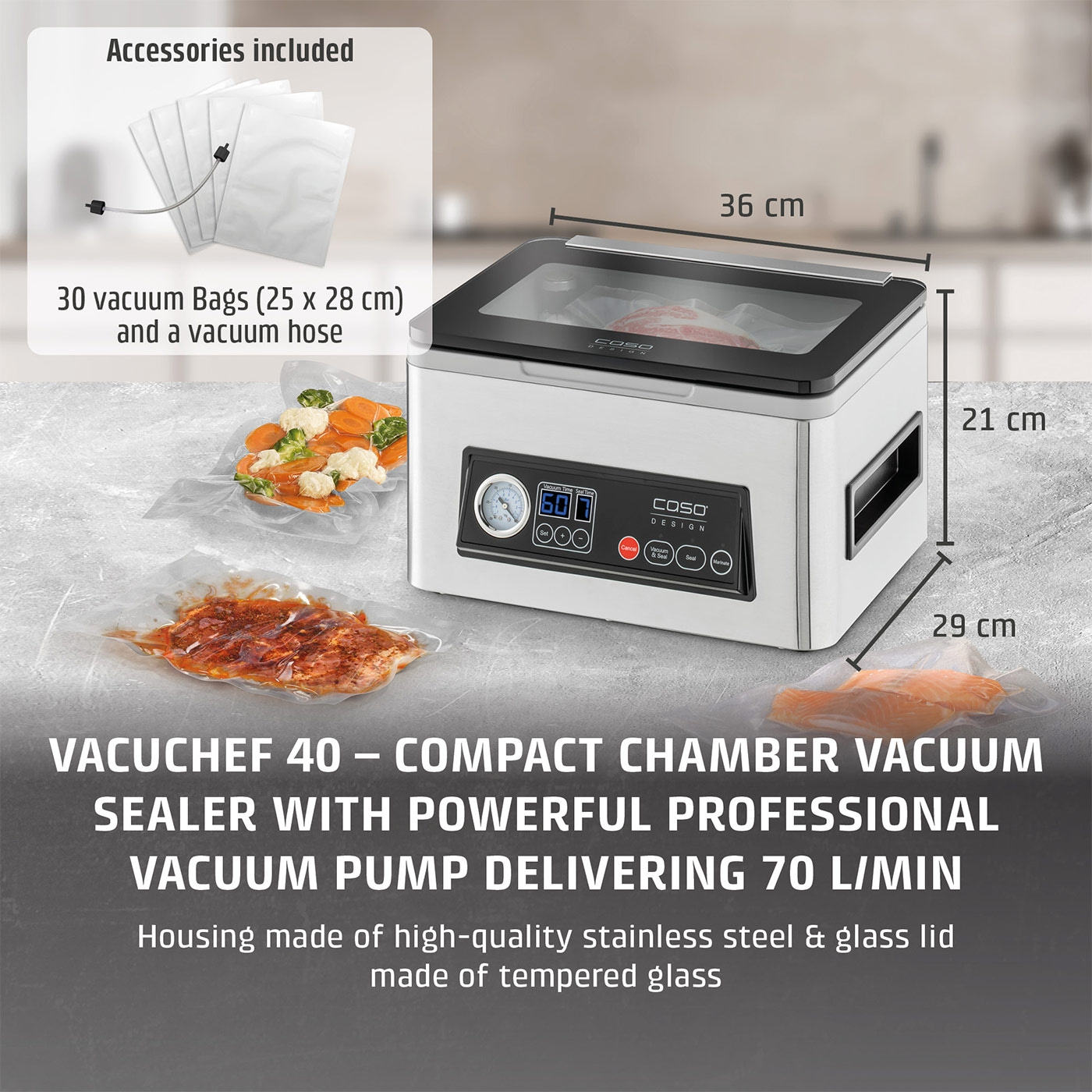 Vacuum sealer with accessories, 36x21x29cm, stainless steel housing, glass lid, 70L/min pump, 30 bags