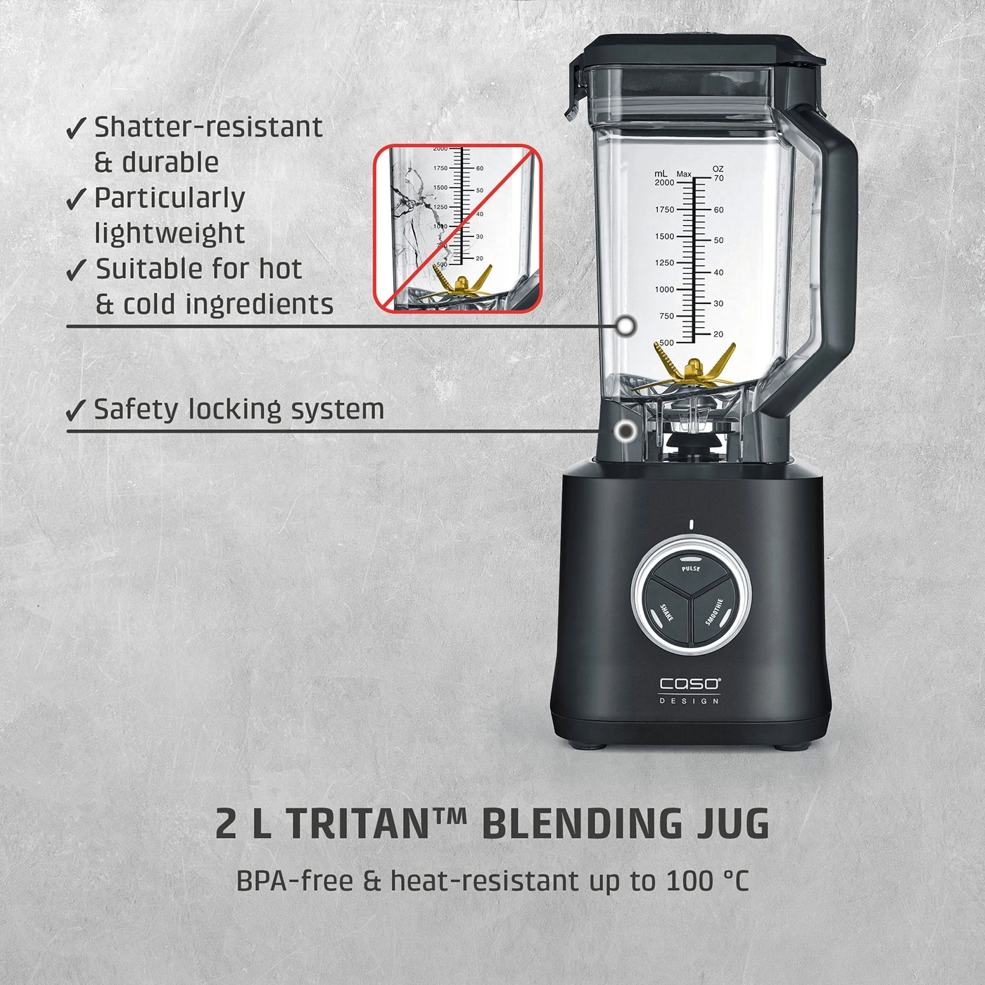 A black high-performance blender with a 2-liter Tritan mixing container.