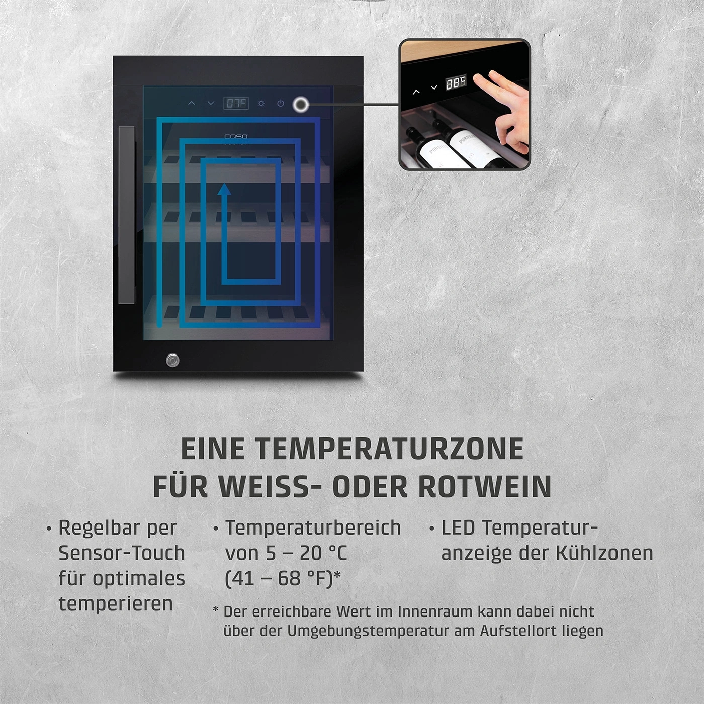 Weinkühlschrank mit Temperaturanzeige und Touch-Bedienung für Weiß- oder Rotwein.