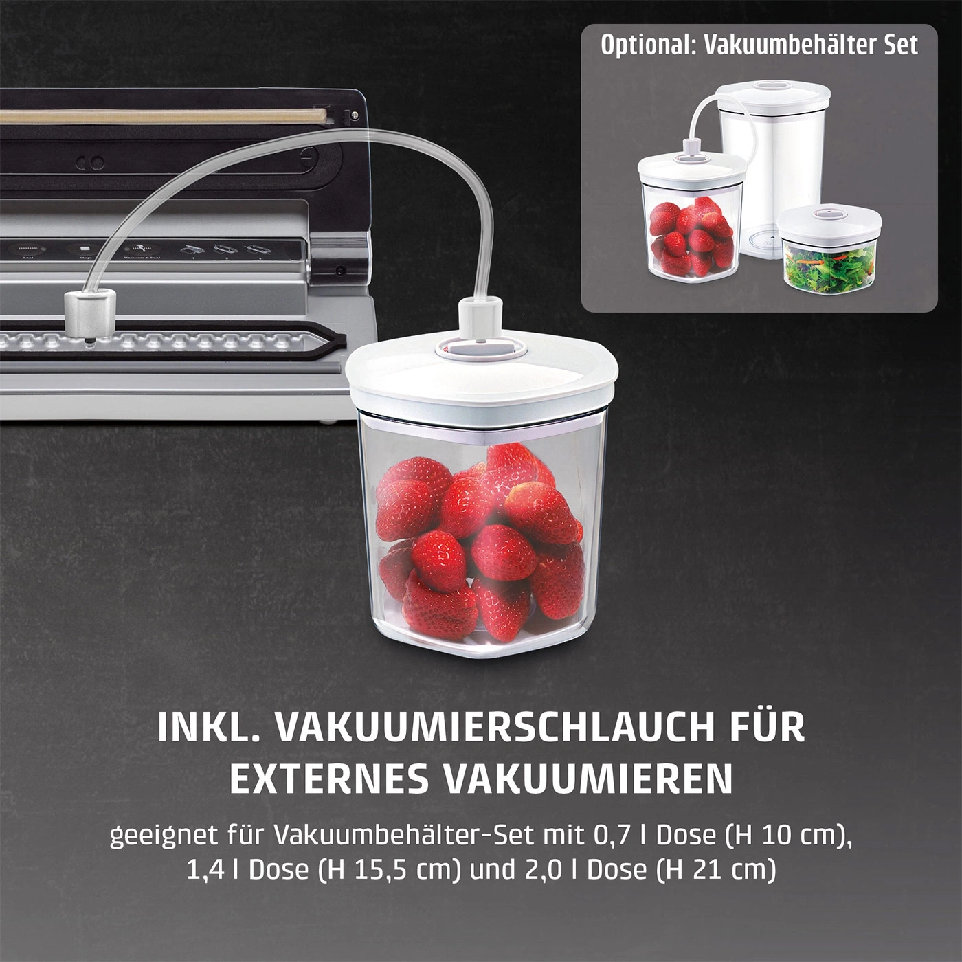 Vakuumiergerät mit Schlauch und Behältern für externes Vakuumieren