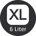 XL-Größe, 6 Liter, schwarzer Hintergrund, weißer Text, rundes Logo, Produktkennzeichnung