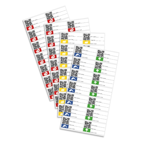 Labels with QR codes and colored symbols for different content and weights.