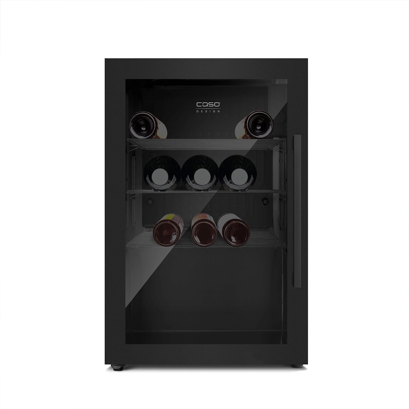 Black wine cooler with glass front and Caso logo, filled with wine bottles.