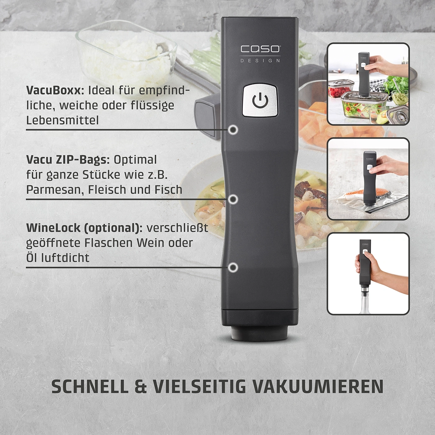 Vakuumiergerät mit Text: VacuBoxx, Vacu ZIP-Bags, WineLock. Schnell & vielseitig vakuumieren.