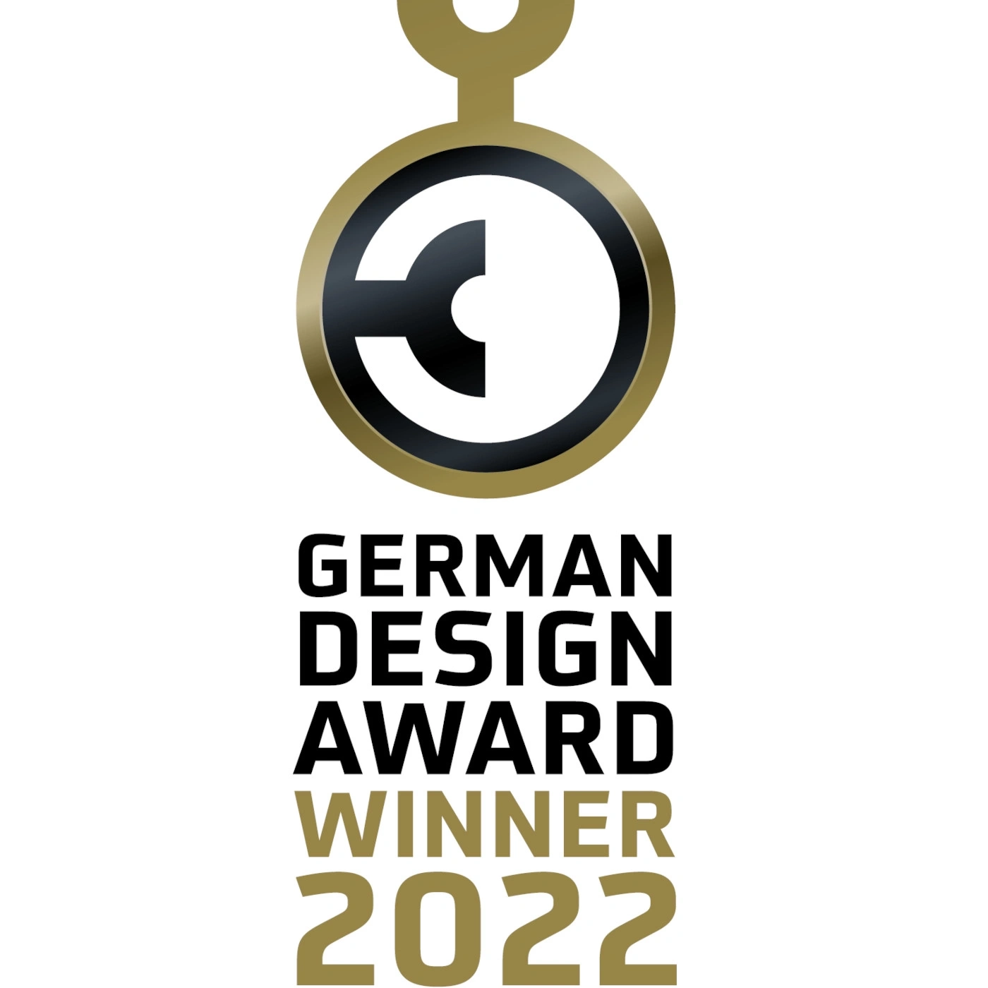 German Design Award Winner 2022 Logo, goldenes Medaillon, schwarzer Schriftzug