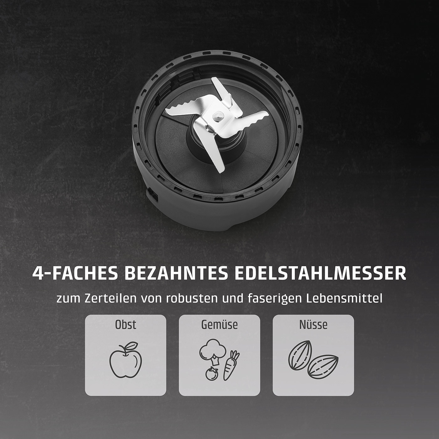 Stainless steel knife, chopping fruits, vegetables, and nuts. 4-blade knife.