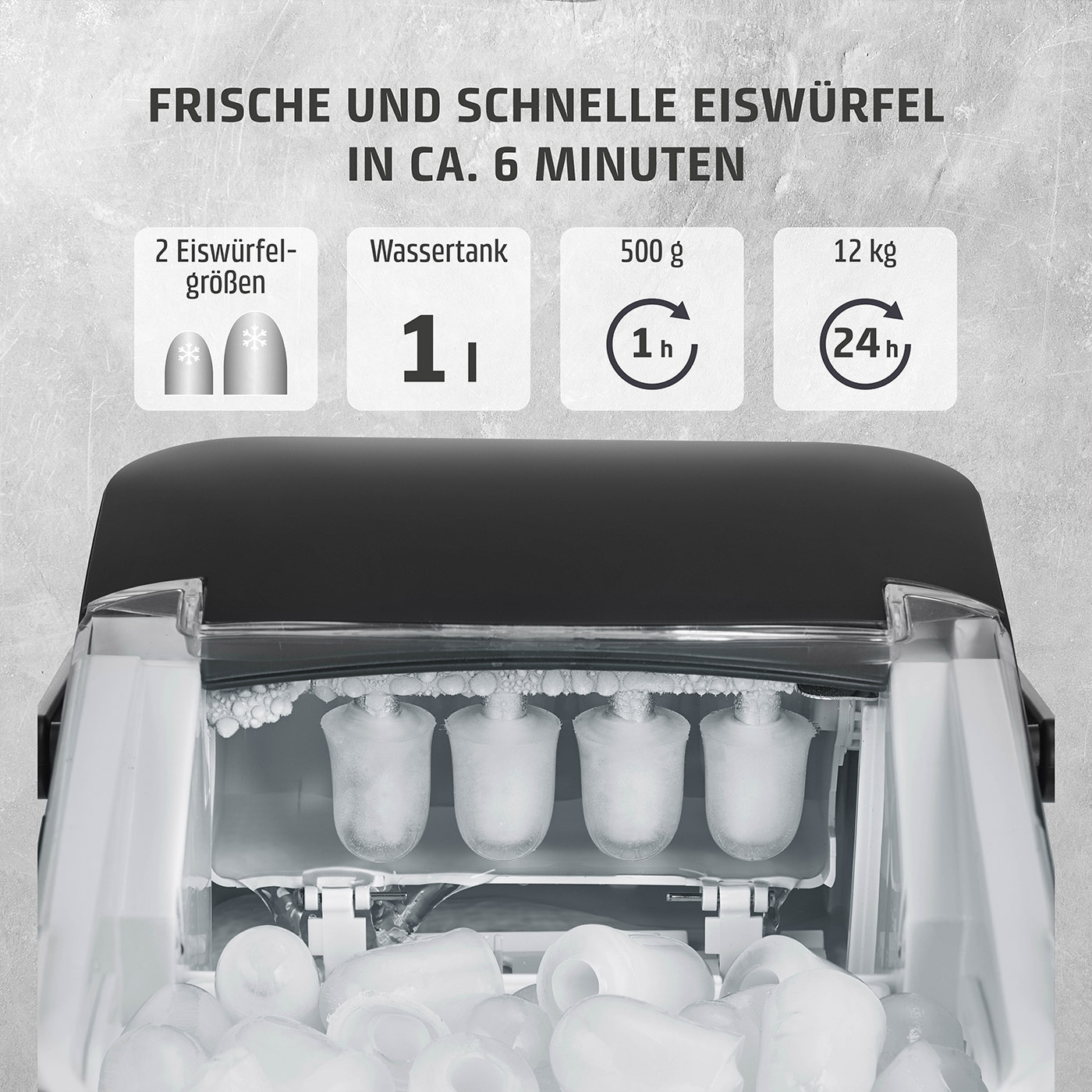 Eiswürfelmaschine mit 2 Eiswürfelgrößen, 1 Liter Wassertank, 500g/h, 12kg/24h.