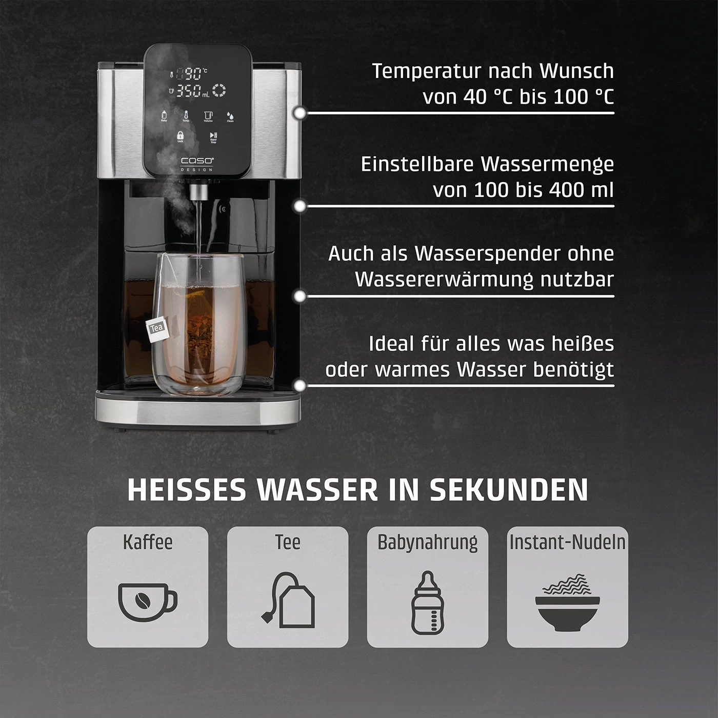 Heißwasserbereiter mit Temperaturregelung und verschiedenen Anwendungen wie Kaffee und Tee.