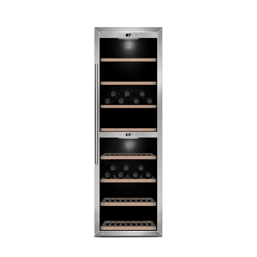 A silver wine cooler with a glass door and wooden shelves, filled with wine bottles.