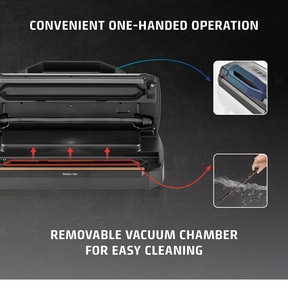 Vacuum sealer with one-hand operation and removable vacuum chamber for easy cleaning.
