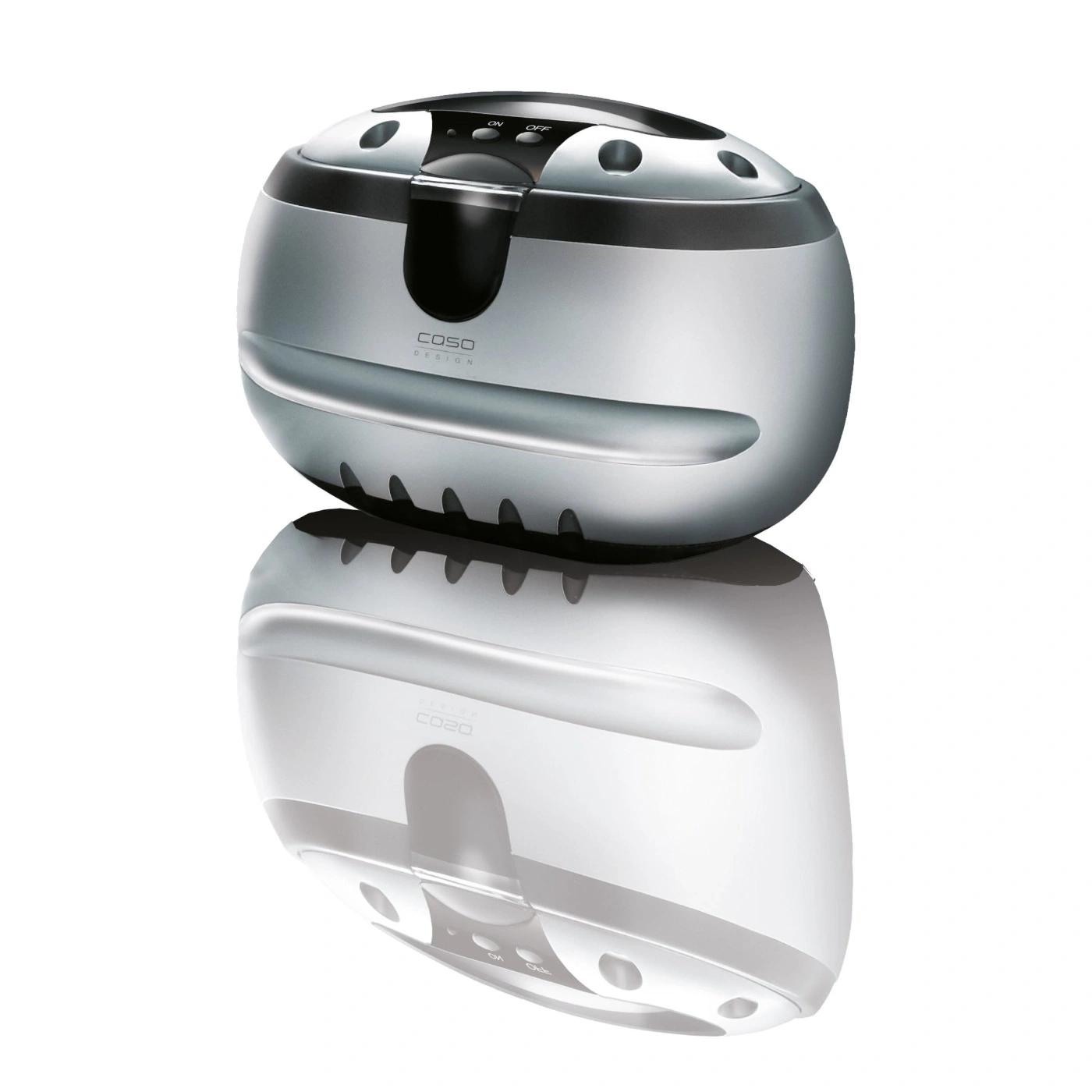 Silver electronic device with ON/OFF buttons and reflection on white background.