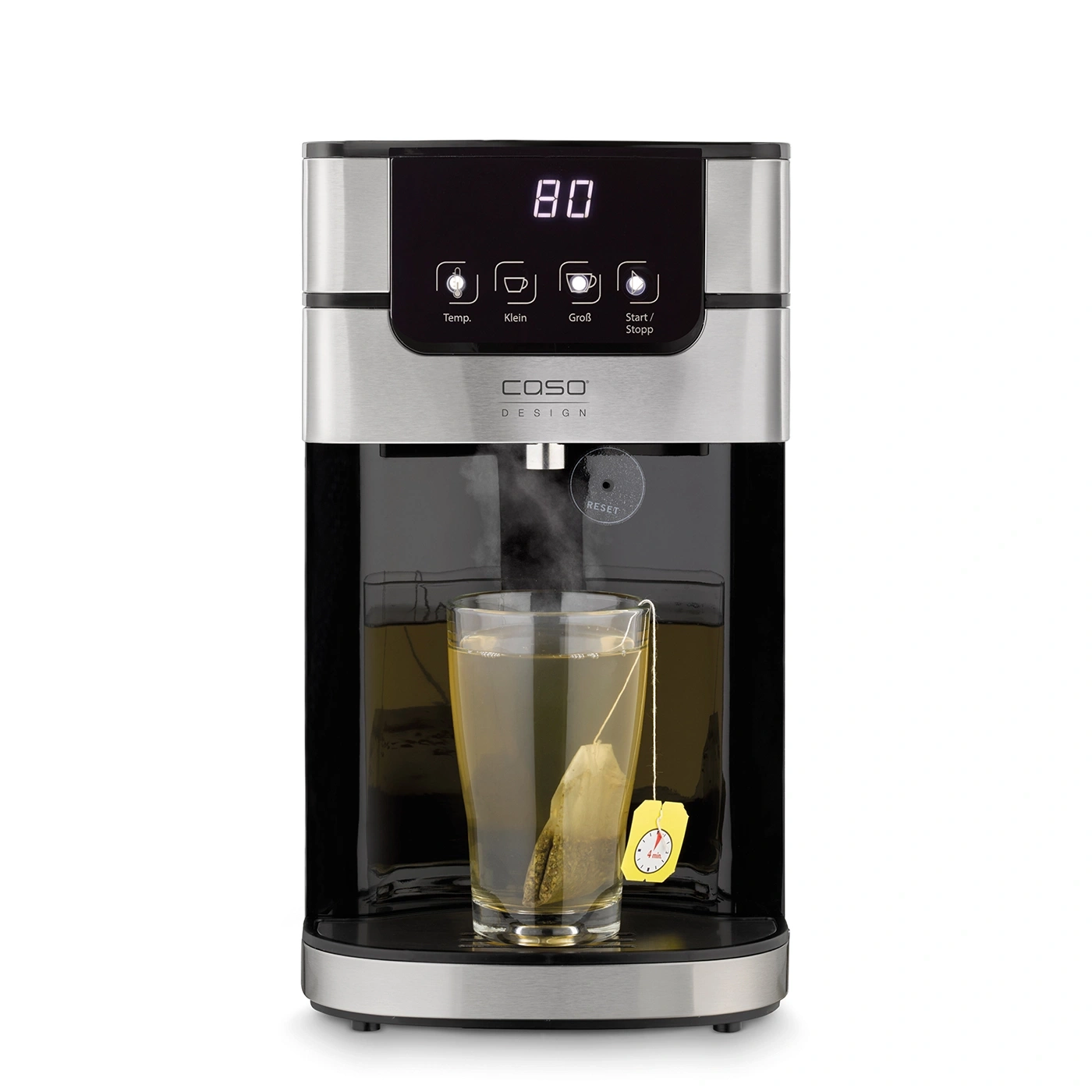 Teemaschine mit Glas, Teebeutel und digitaler Anzeige für die Temperatur.