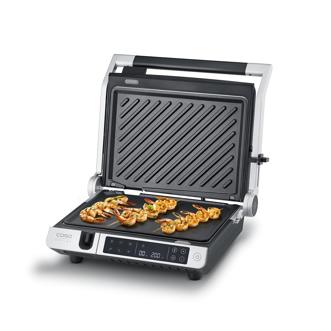 Electric contact grill with shrimp, open, ready for cooking, food.