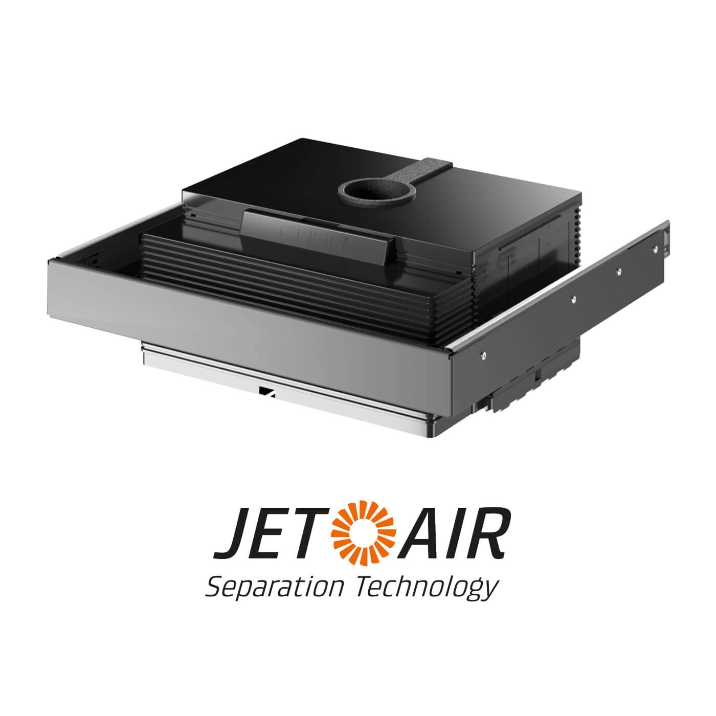 A modern range hood with the JET AIR Separation Technology logo