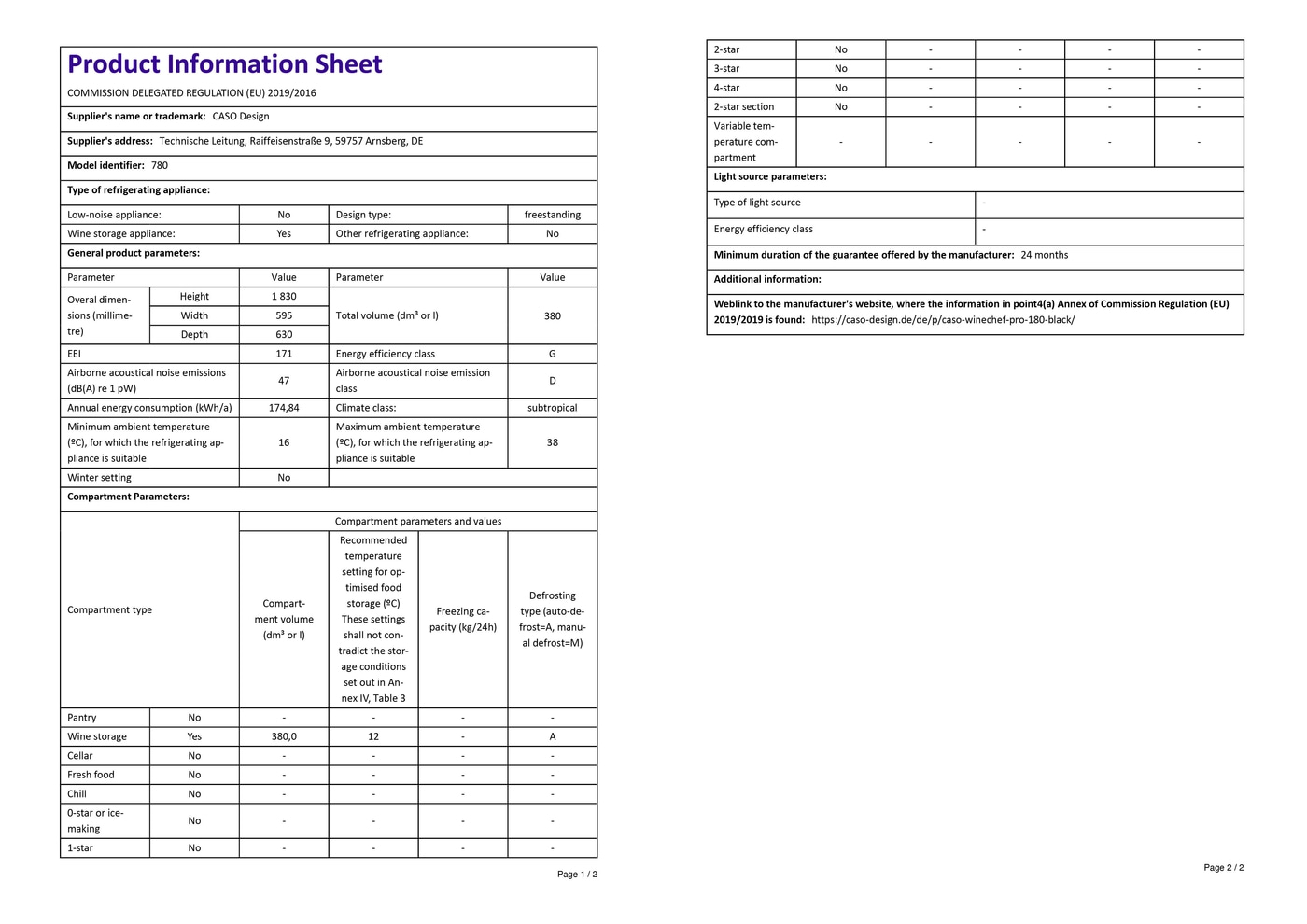 Product data sheet refrigerator: technical data, energy efficiency, dimensions, compartment parameters, wine storage.