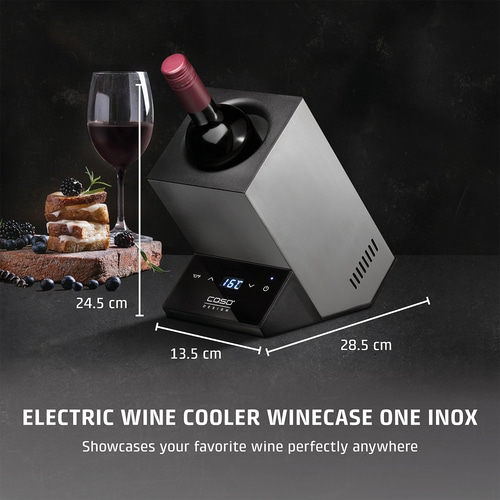 Wine cooler with wine, glass, food, dimensions, text, black, gray, table