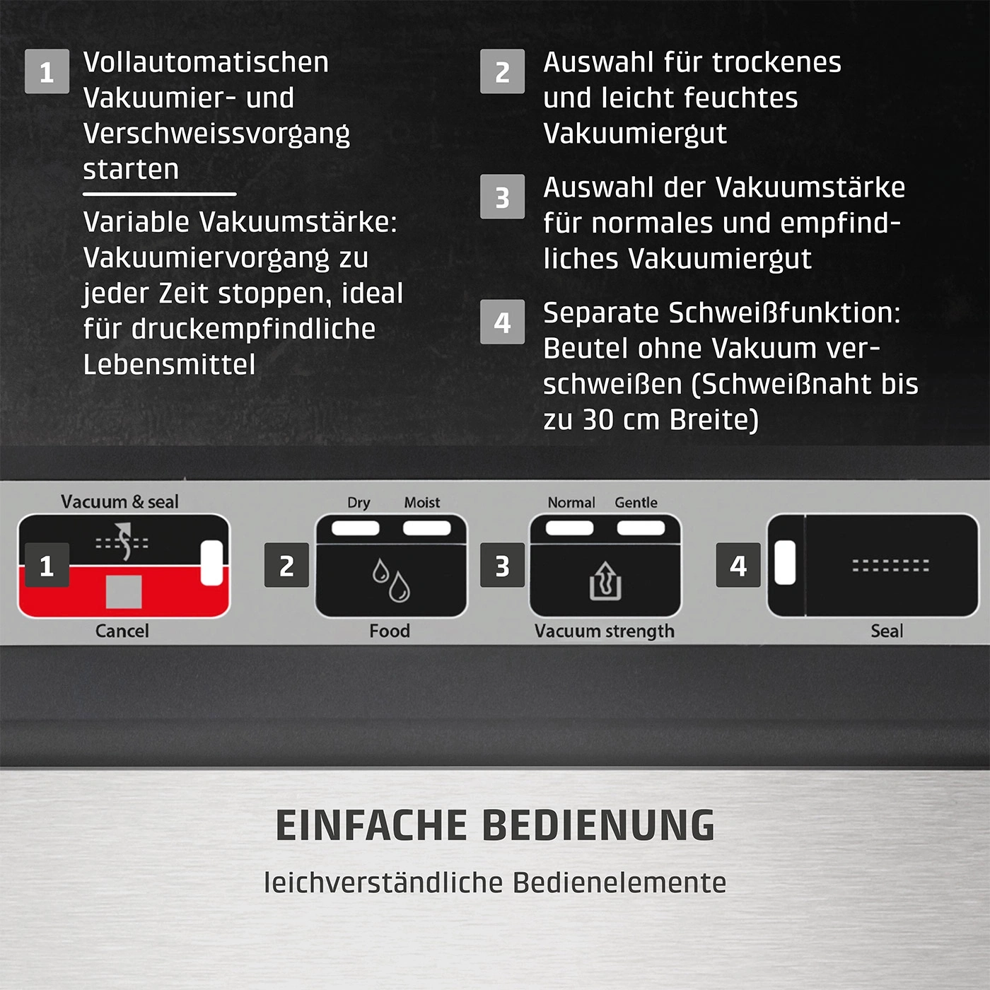 Vakuumiergerät mit Funktionen: Vakuumieren, Trocken/Feucht, Stärke, Schweißen.