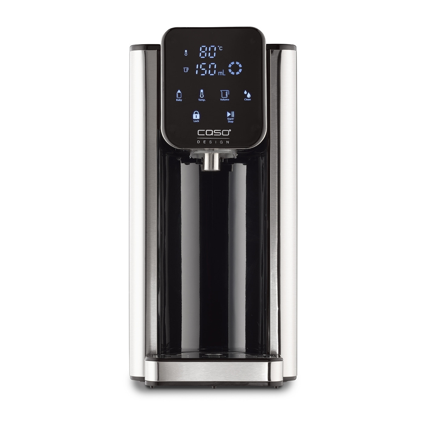 Water boiler with digital display showing temperature and volume settings.