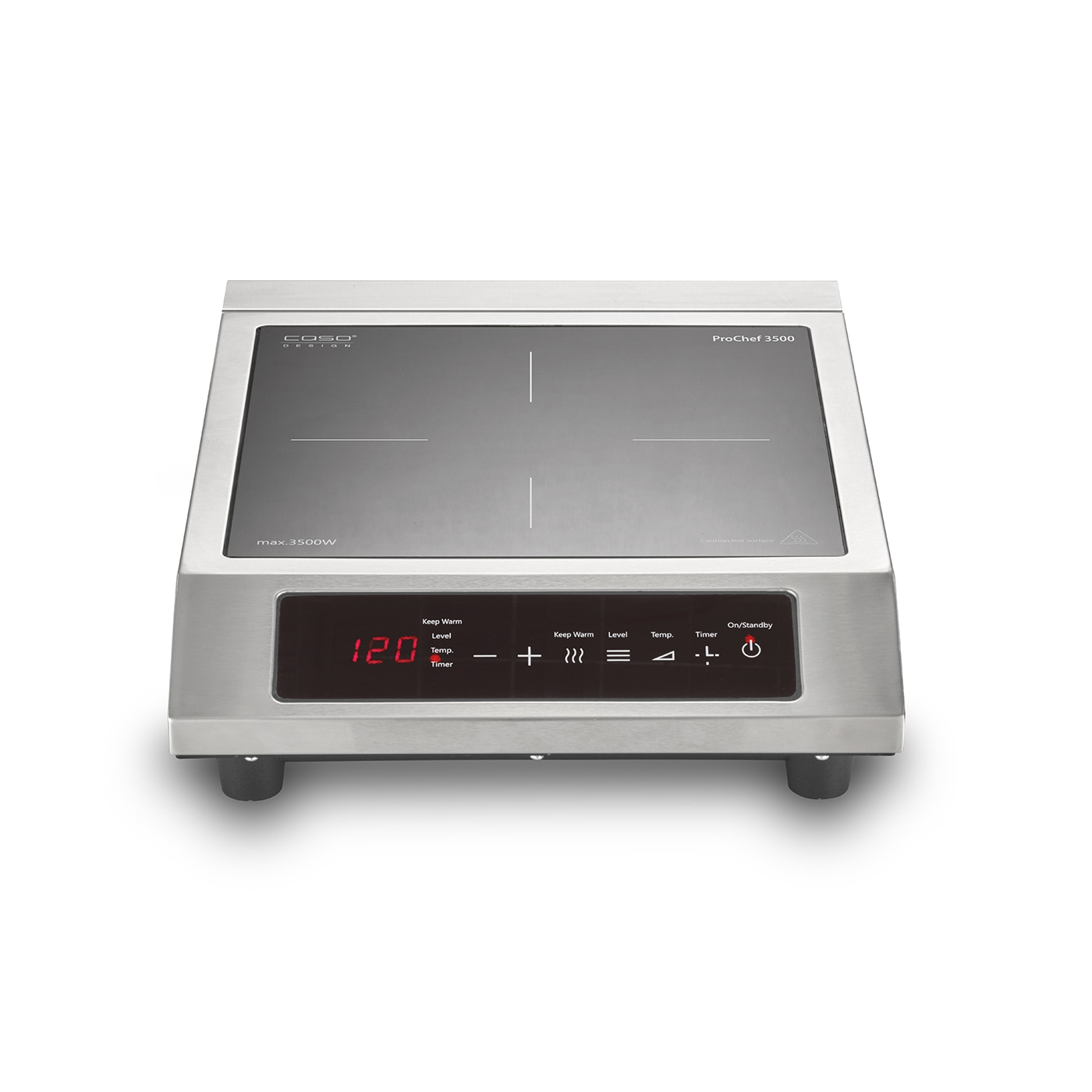 Caso ProChef 3500 induction cooktop, stainless steel, digital display, temperature control, timer.