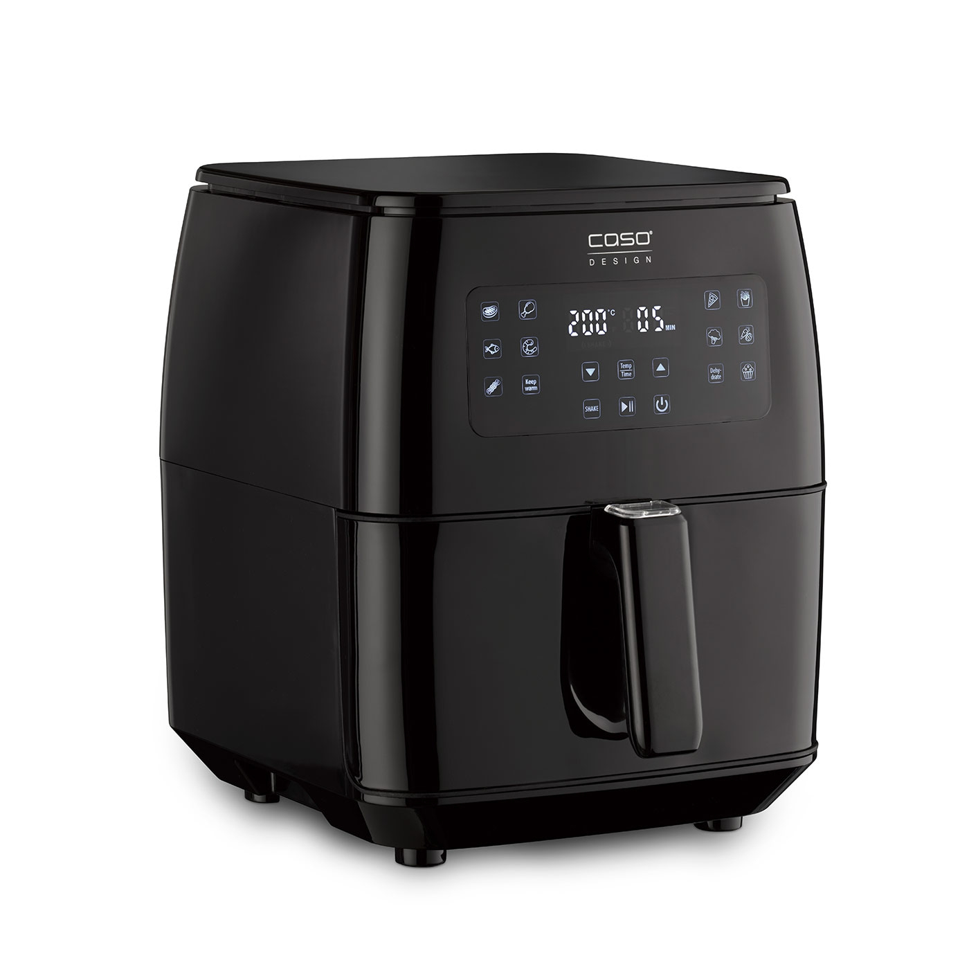Black air fryer with digital display and control panel, COSO Design appliance.